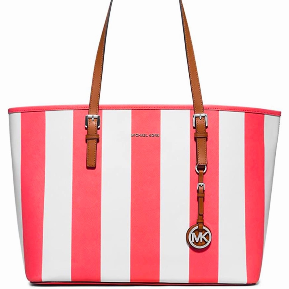 Michael Kors Coral/White Jet Set Tote